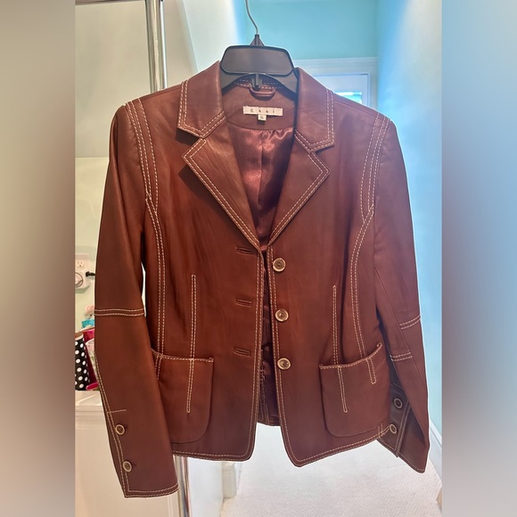 CAbi Brown Leather Jacket with Contrast Stitching Women’s Size 6 Six - Picture 4 of 7